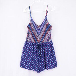Xhilaration‎ Spaghetti Strap Blue Red Floral Romper Large Lined Ruffle Top